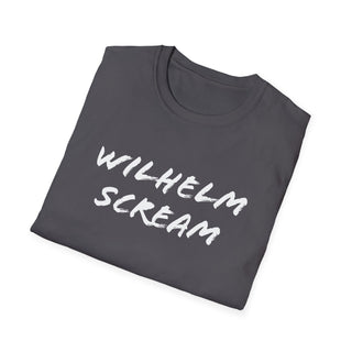 Dark gray unisex T-shirt with a crew neckline, made from soft cotton material, featuring a graphic print design for casual wear.