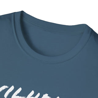 Close-up of the blue cotton fabric neckline of the unisex Wilhelm Scream T-Shirt, showing soft material and stitching details.