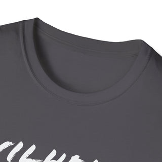 Close-up of the neckline of the gray version of the unisex Wilhelm Scream T-Shirt, showing the ribbed collar and stitching.