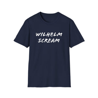 Navy blue unisex T-shirt with 'Wilhelm Scream' graphic in white, soft cotton material, casual style, SKU: 31168939002451551495