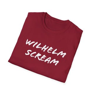 Close-up of a red unisex T-shirt made from soft cotton with a crew neckline and white graphic print, perfect for casual wear and movie fans.