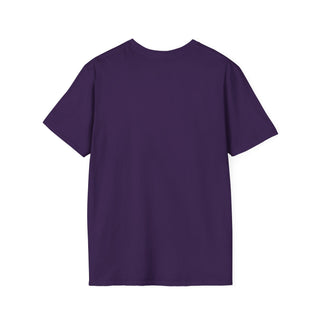 Unisex purple T-shirt made of soft cotton with a classic round neckline, featuring a graphic print design for casual wear.