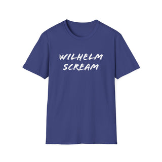 Blue unisex T-shirt with 'Wilhelm Scream' text in white, made from soft cotton, classic fit, perfect for casual wear, SKU: 31168939002451551495