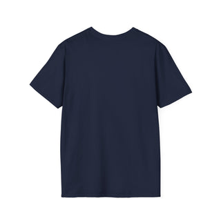 Back view of a navy blue unisex T-shirt with a round neckline, showing smooth fabric and clean stitching details.