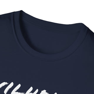Close-up of the neckline of a navy blue unisex T-shirt, highlighting the ribbed collar and smooth stitching detail.