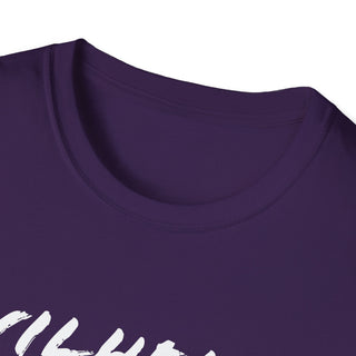 Close-up of the purple T-shirt's neckline showing the ribbed collar and smooth fabric for comfortable fit.