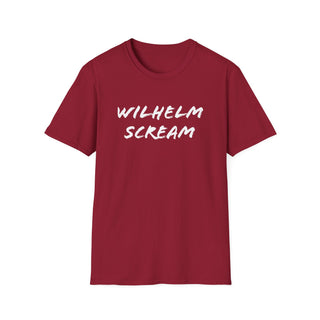 Red unisex T-shirt with 'Wilhelm Scream' printed in white, soft cotton fabric, classic casual style, SKU: 31168939002451551495