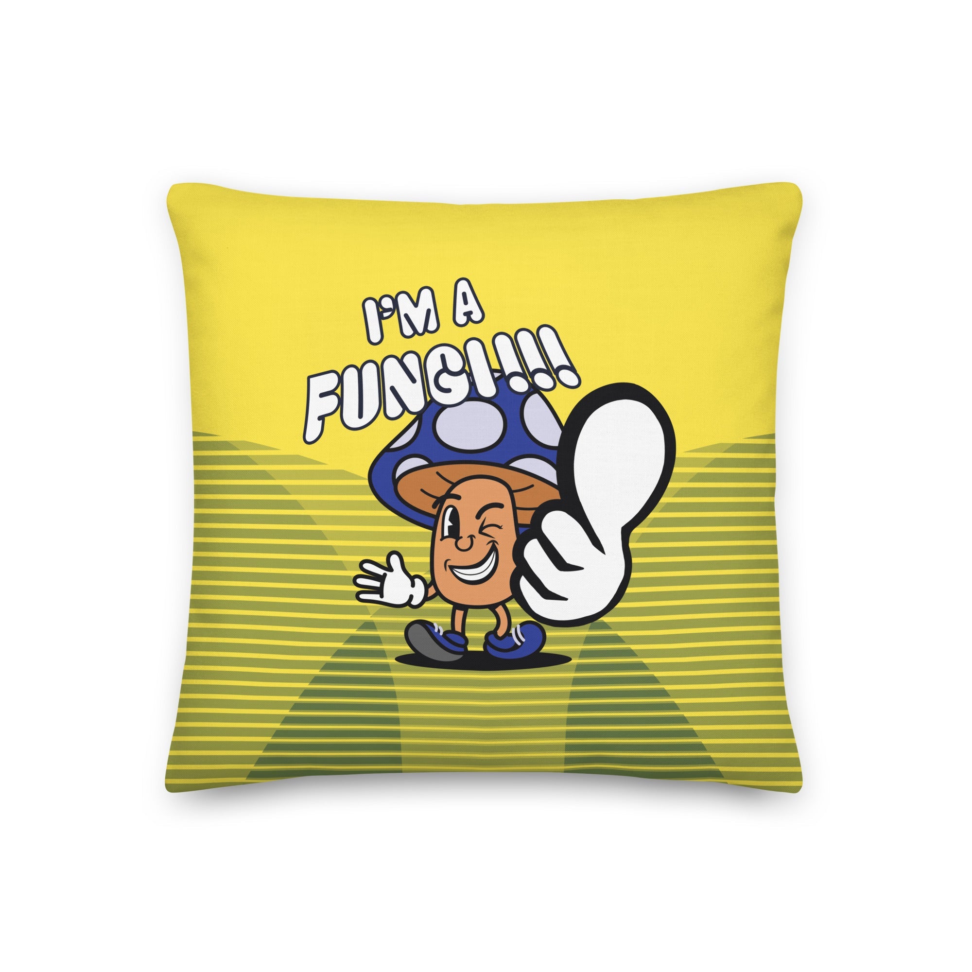 yellow pillow with a funny mushroom