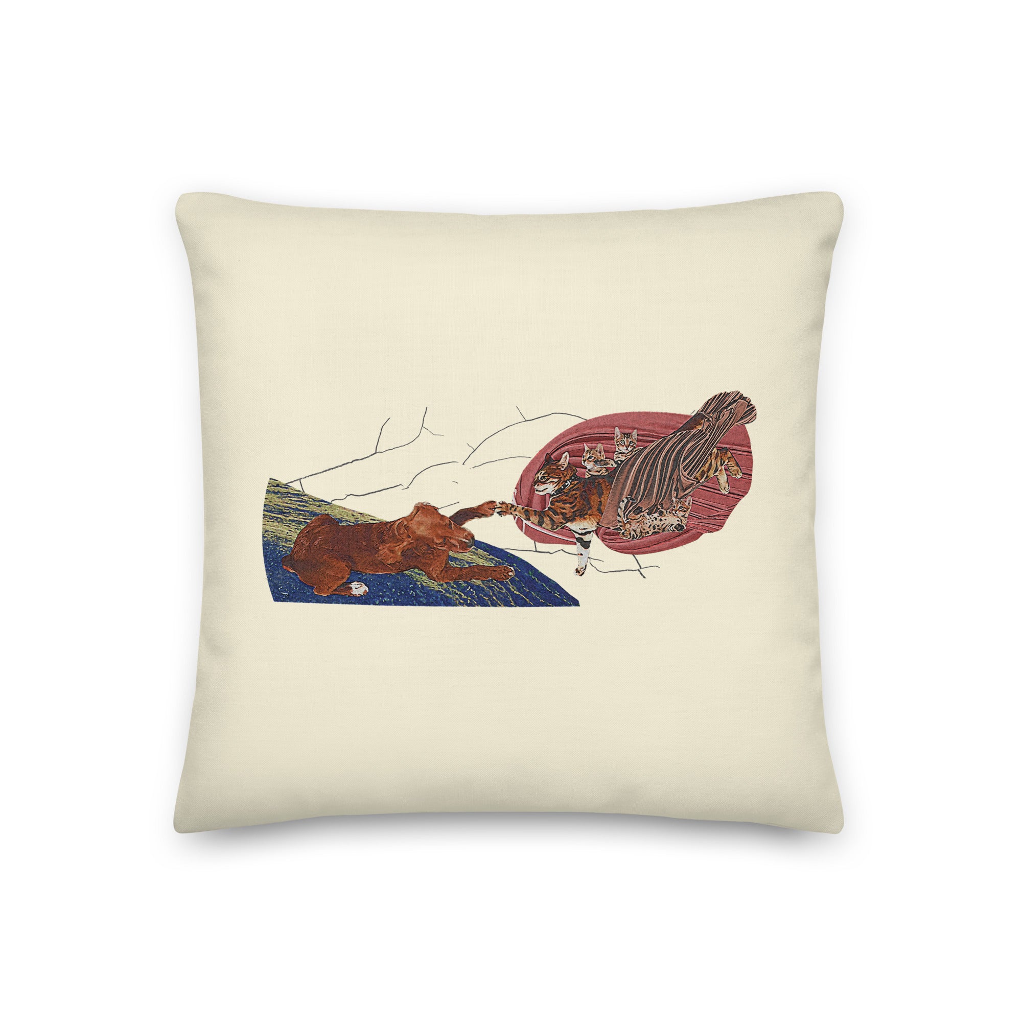 a pillow with a picture of a dog and a fish on it