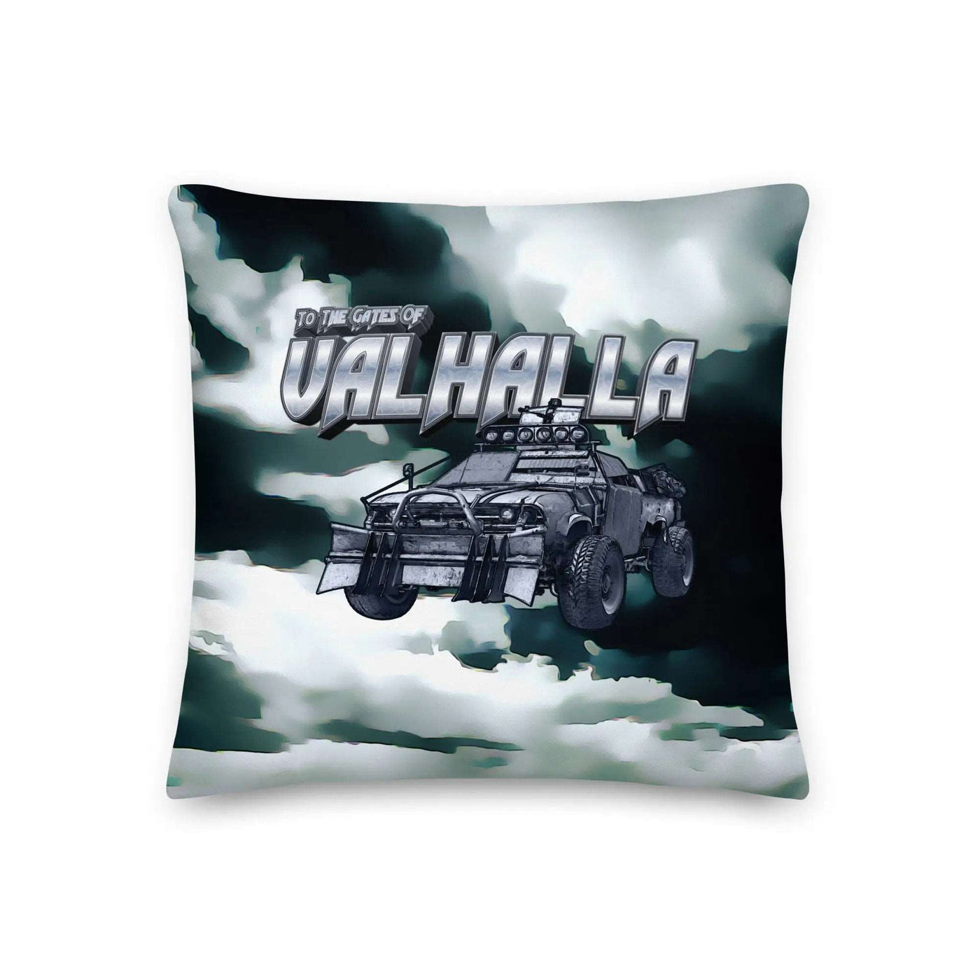 a pillow with a picture of a car flying through the sky