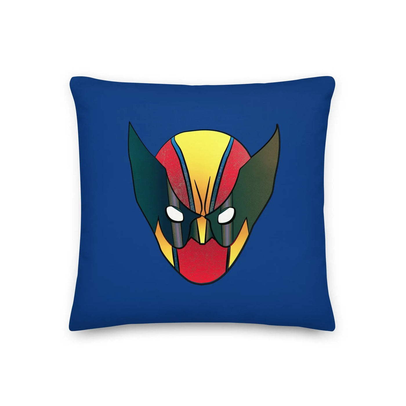 a blue pillow with a red and yellow mask on it