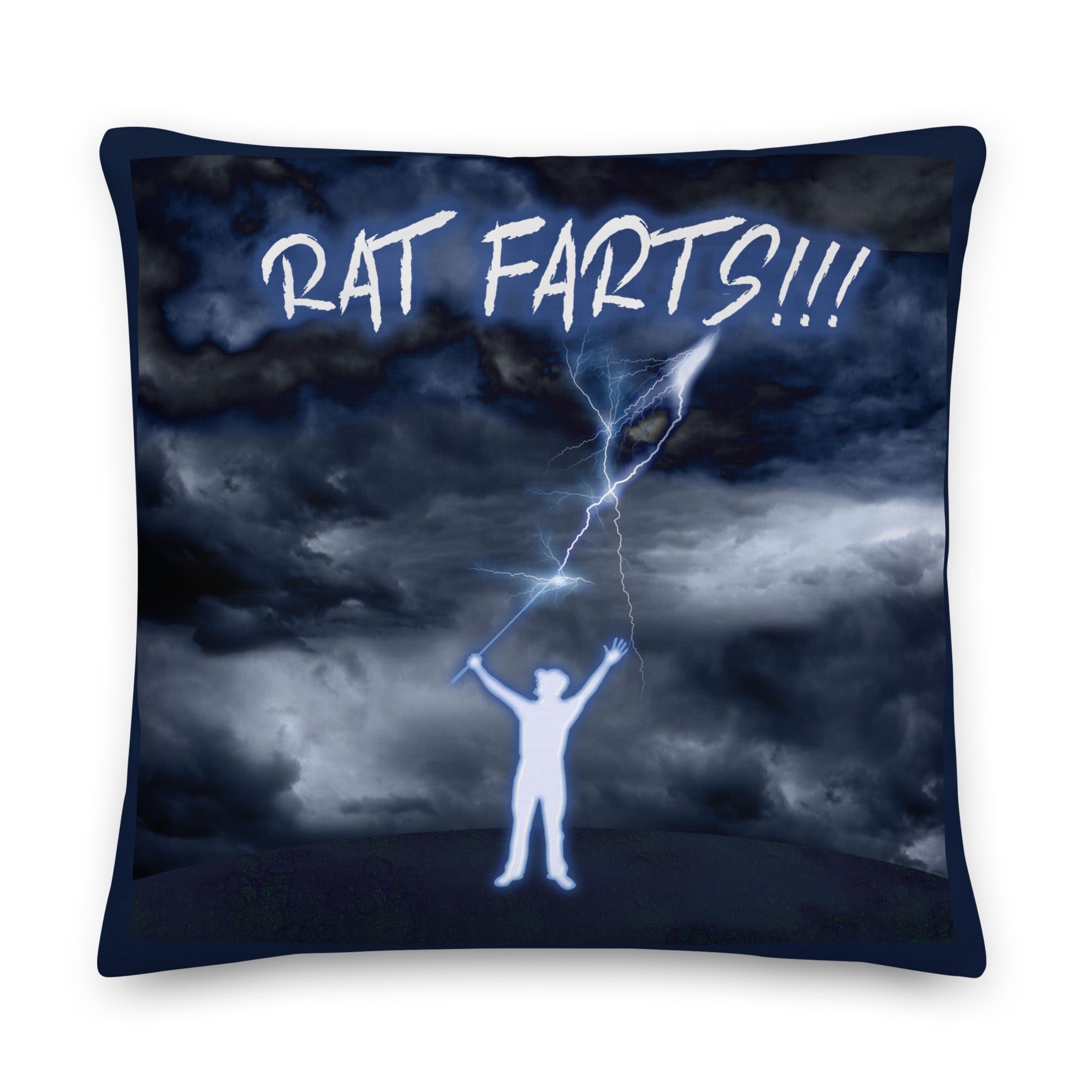 Blue pillow with Rat Farts on it