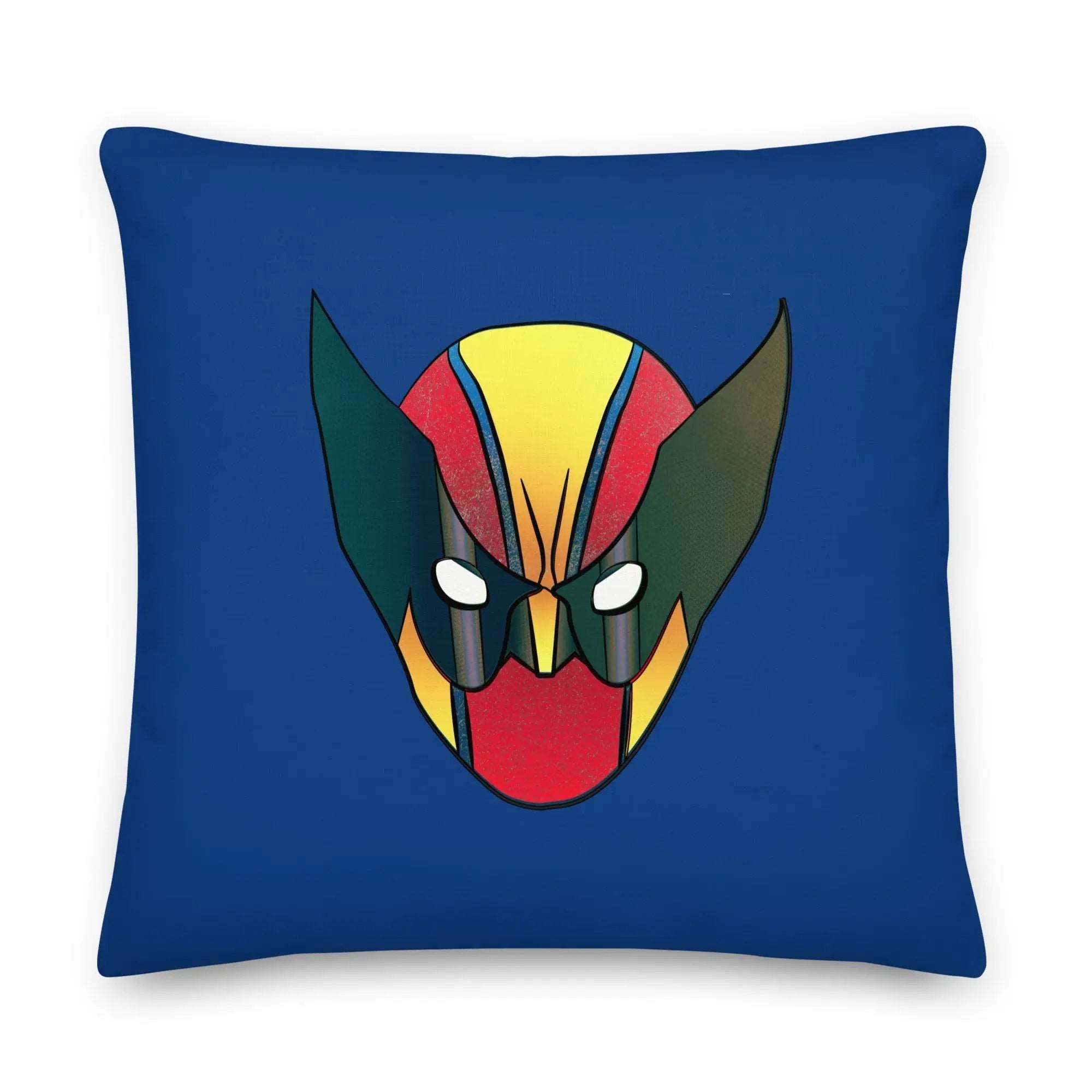 a blue pillow with a red and yellow mask on it