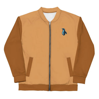 a brown jacket with a blue bird on it
