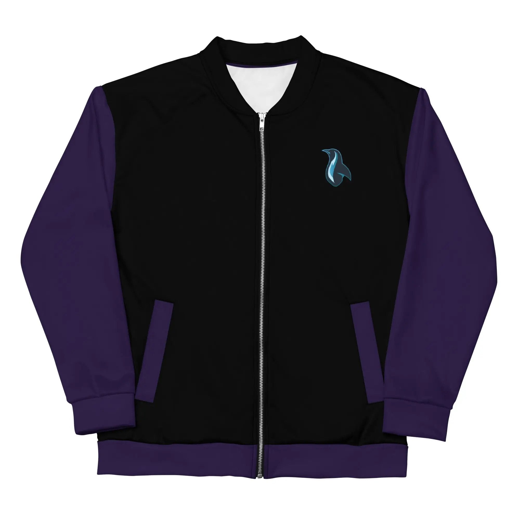 a black and purple jacket with a red cross on it
