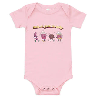a pink bodysuit with cartoon characters on it