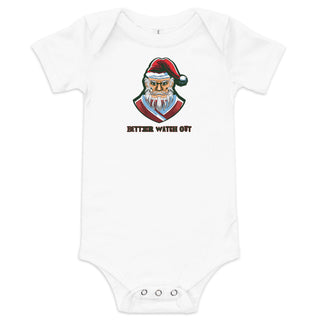a white bodysuit with a santa clause on it