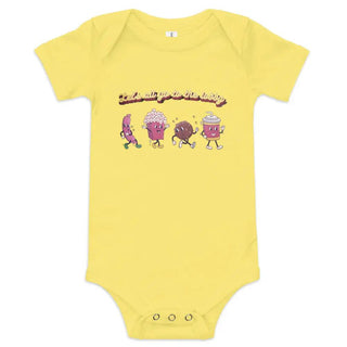 a yellow bodysuit with three cartoon characters on it