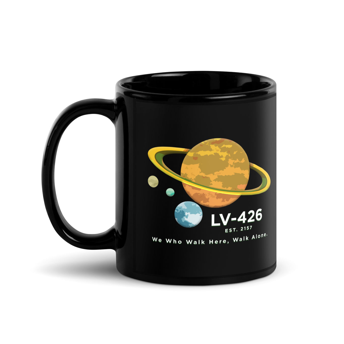 a black mug with a picture of the planets on it