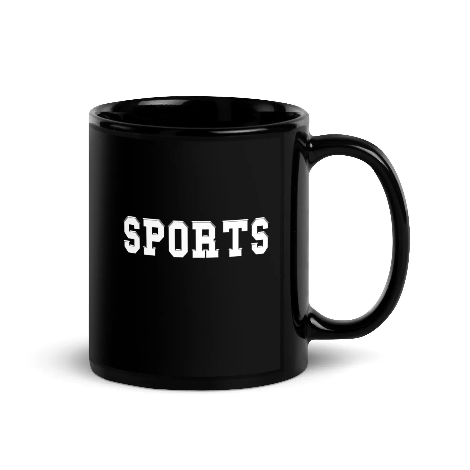 a black mug with the words sports on it