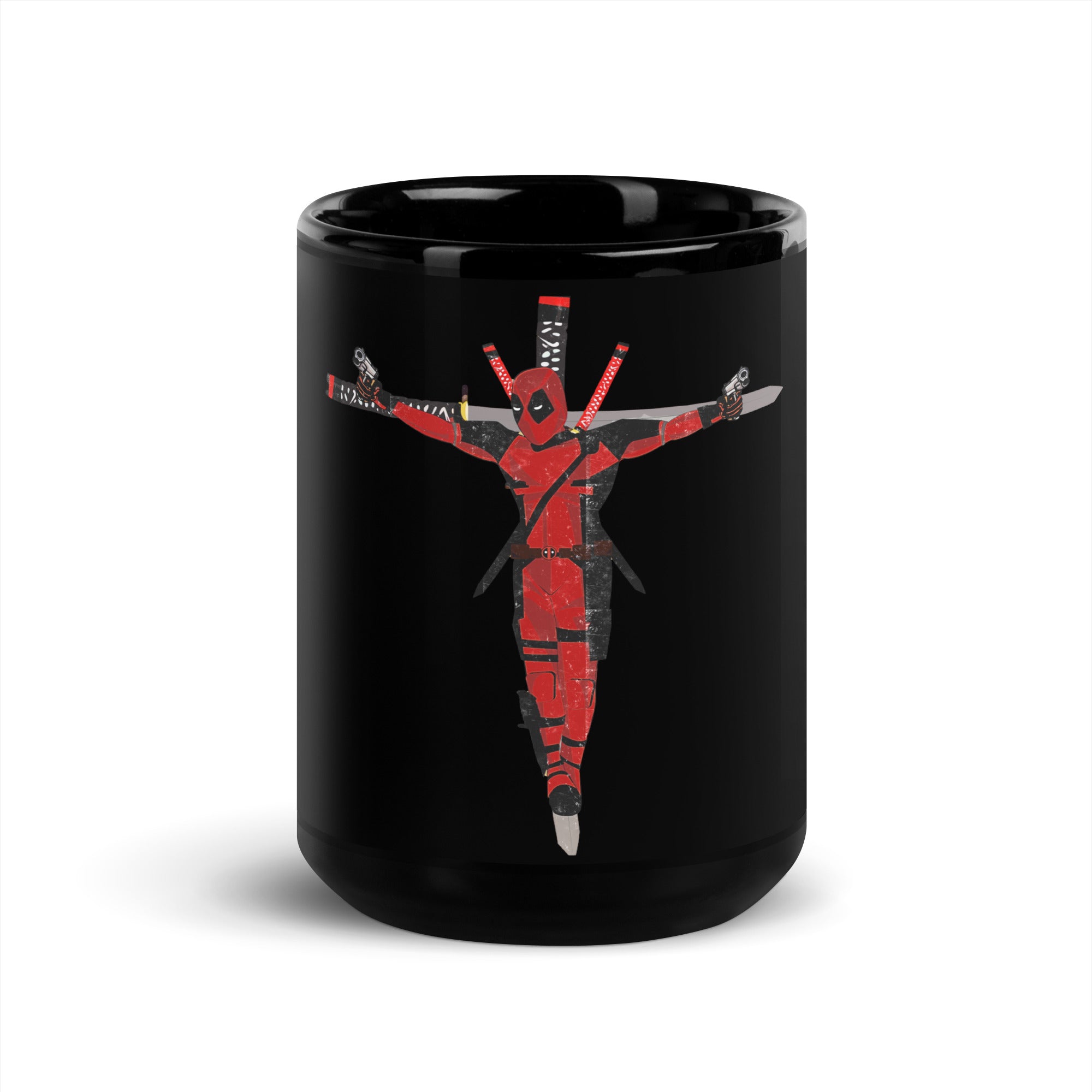 a black coffee mug with the image of jesus on it
