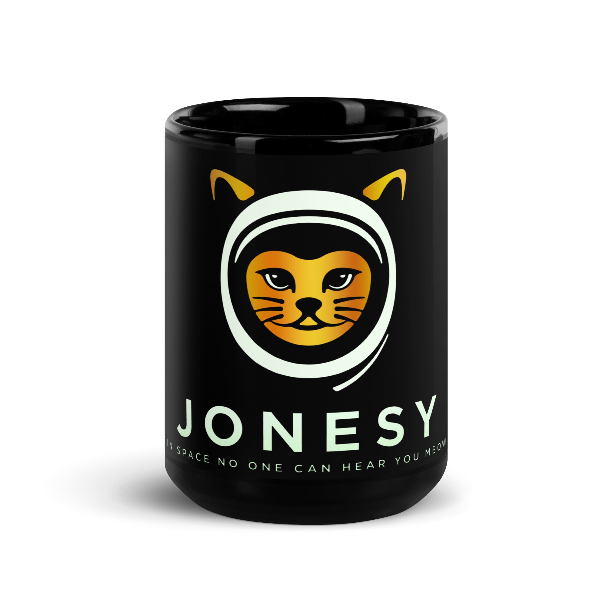 a black coffee mug with a cat on it