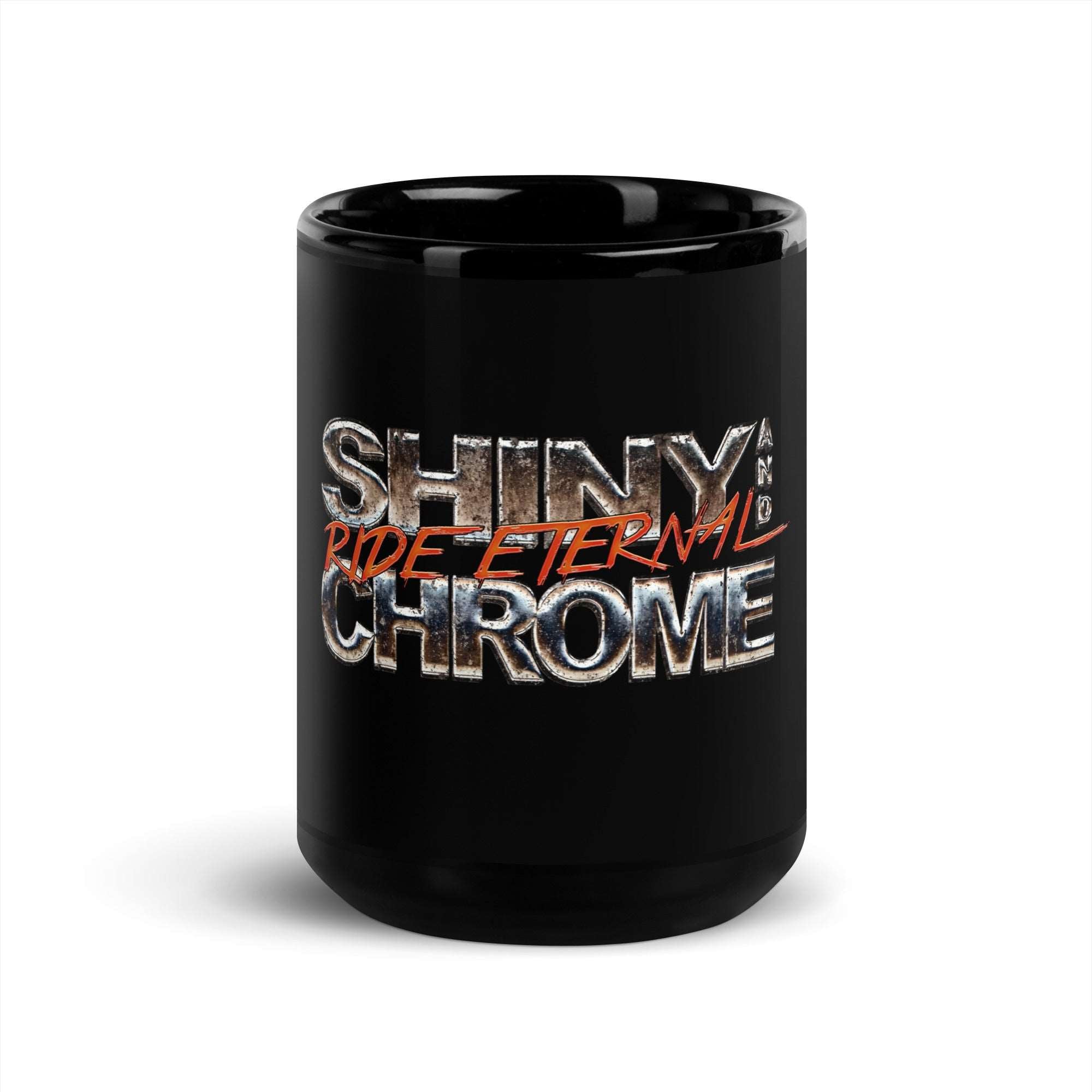a black coffee mug with shiny chrome lettering