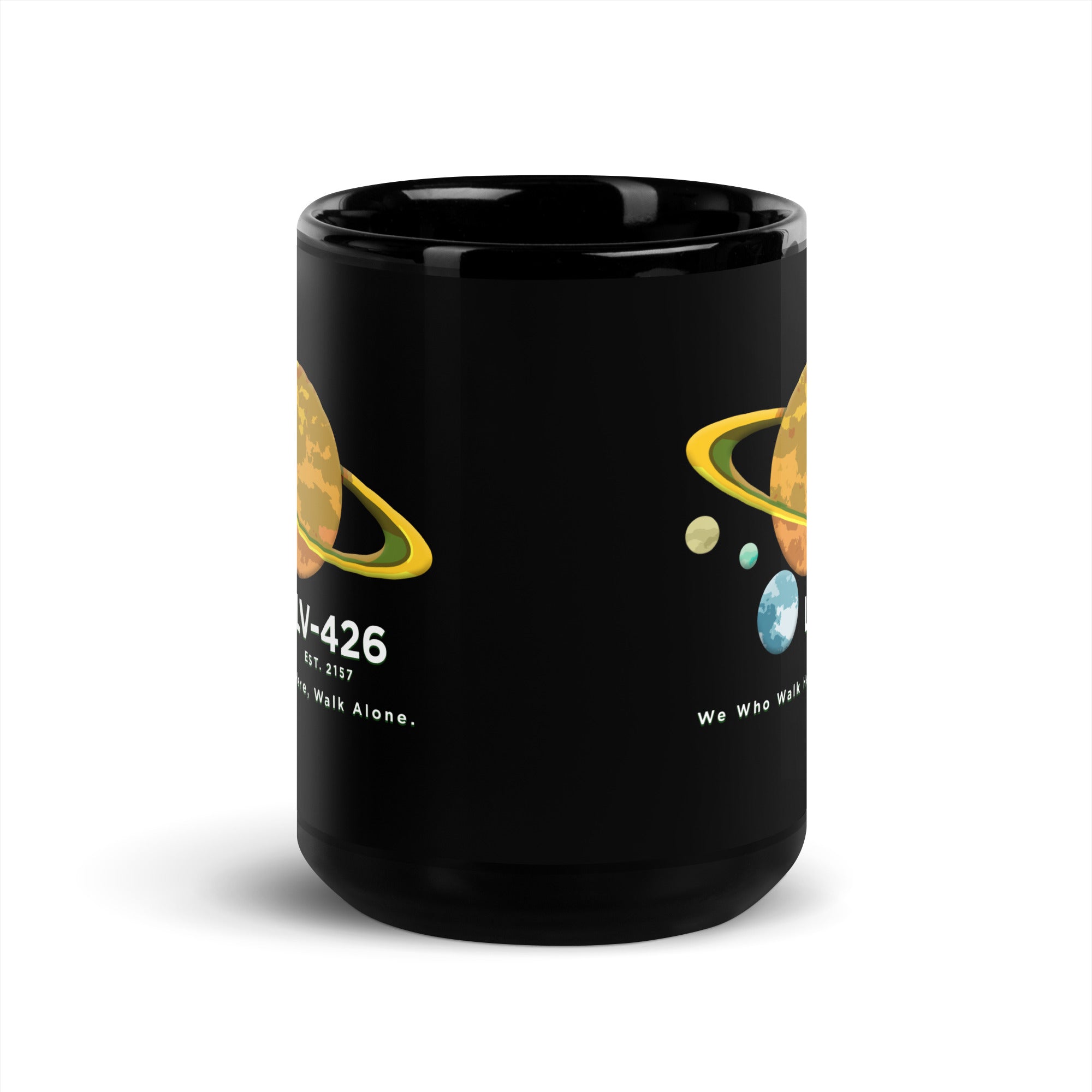 a black mug with a picture of the planets on it