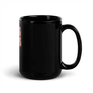 a black coffee mug with a red logo on it