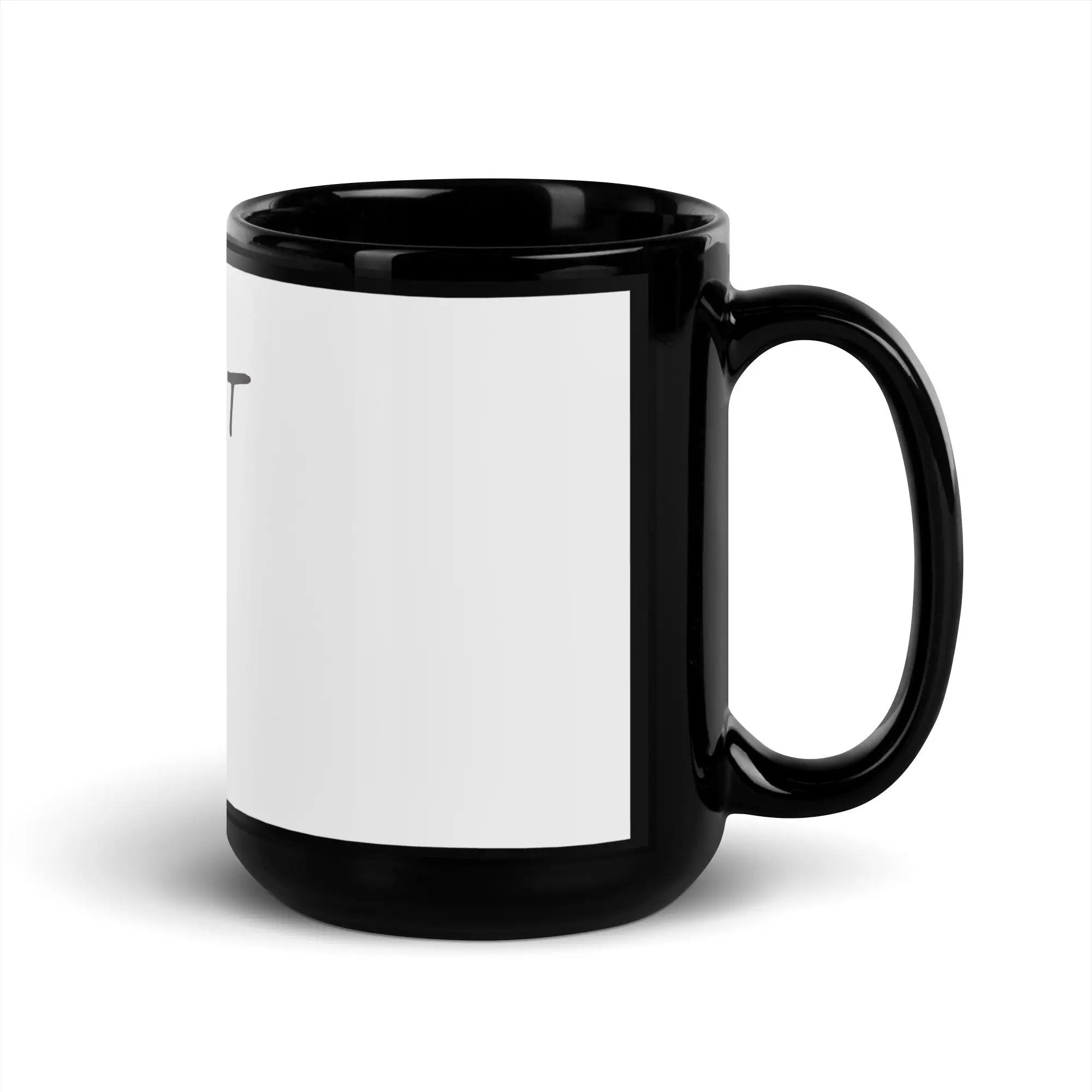 a black and white coffee mug with the letter t on it