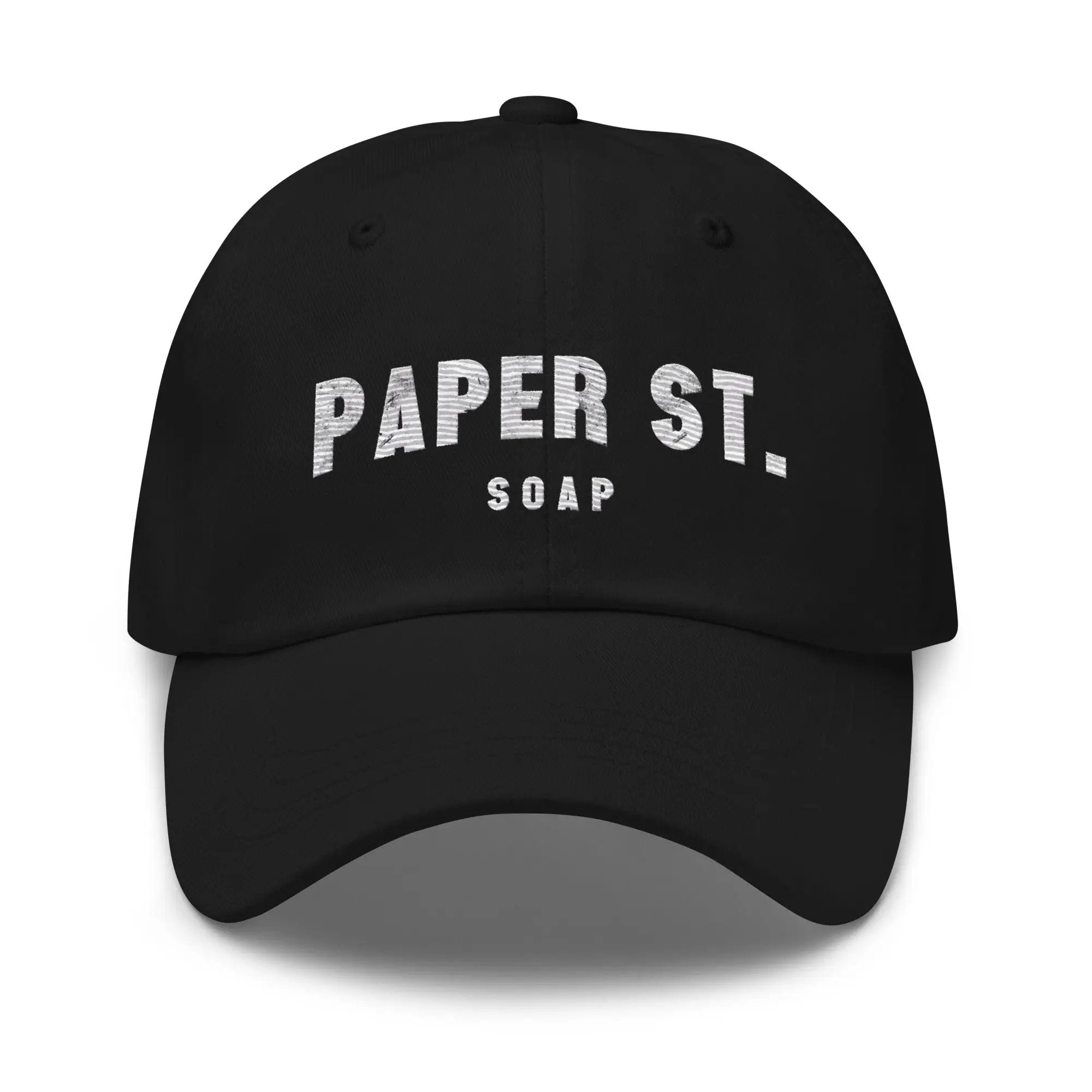 a black hat with a white paper st logo on it