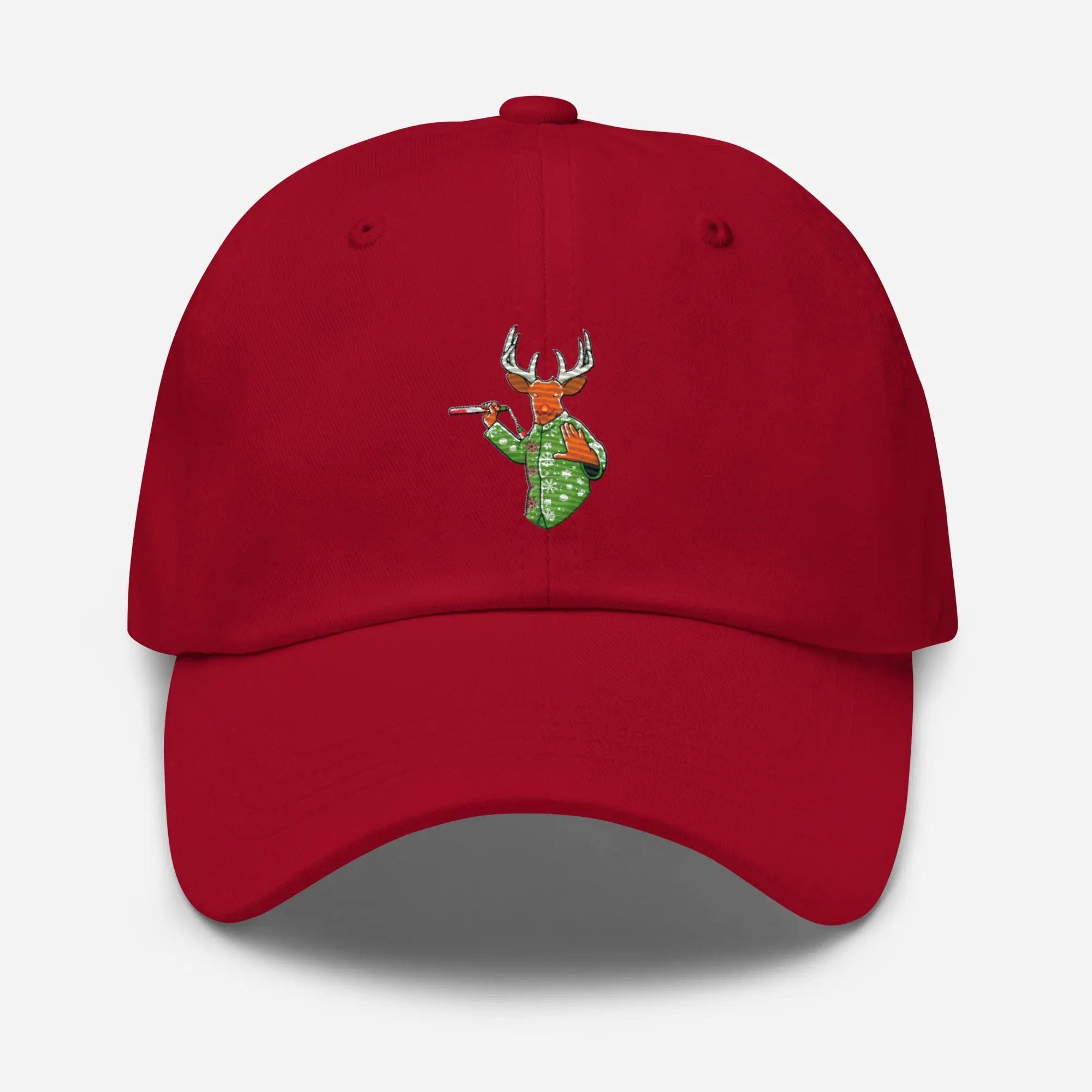 a red hat with a deer head on it