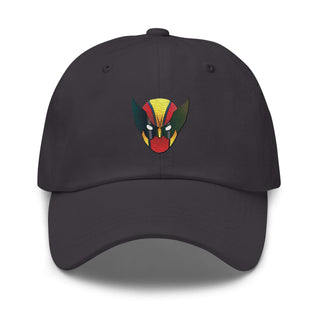a black hat with a red, yellow, and green mask on it