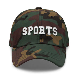 a camo hat with the words sports on it