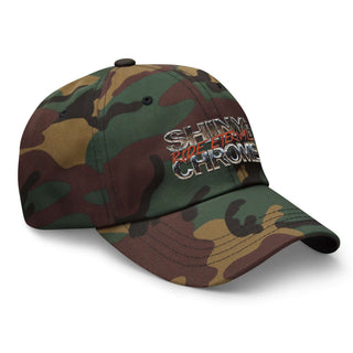a camo hat with the words satin chrome on it