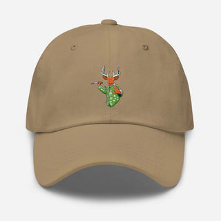 a tan hat with a deer on it