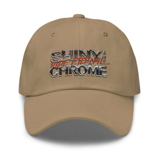 a tan hat with the words shiny and chrome on it