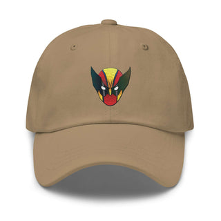 a tan hat with a red, yellow, and green face on it