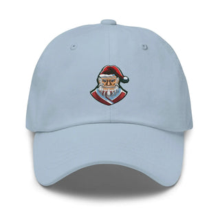a light blue hat with a santa clause on it