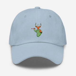 a light blue hat with a deer on it