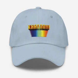 a light blue hat with a rainbow logo on it