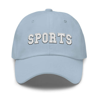 a light blue hat with the word sports on it