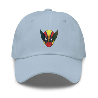 a light blue hat with a red, yellow, and green mask on it