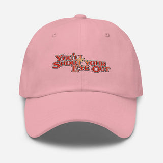 a pink hat with the words you're shoot your ex out on it