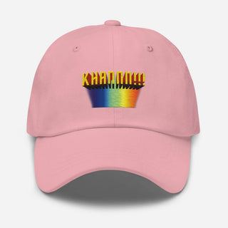 a pink hat with a rainbow logo on it