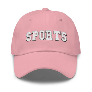 a pink hat with the word sports on it