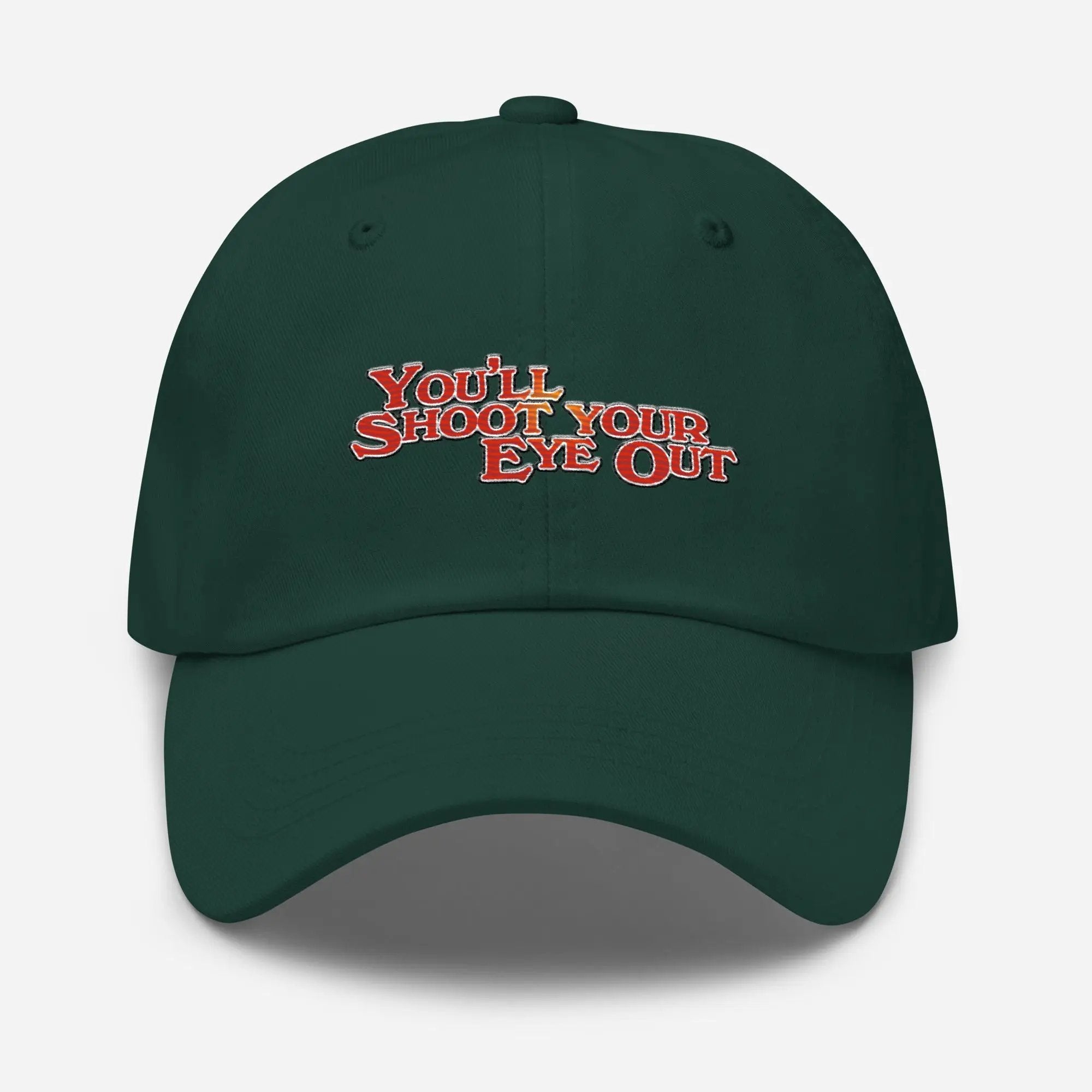 a green hat that says you shoot your eye out