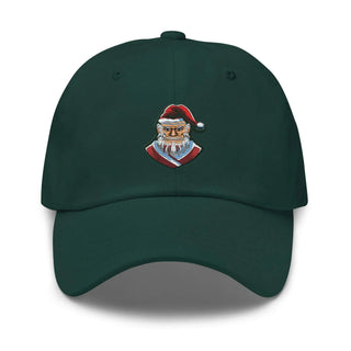 a green hat with a picture of a cat wearing a santa hat