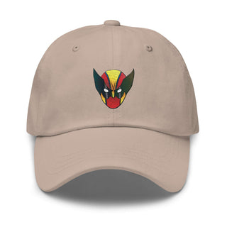 a beige hat with a red, yellow, and green mask on it