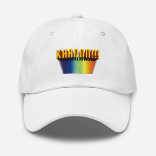 a white hat with a rainbow logo on it